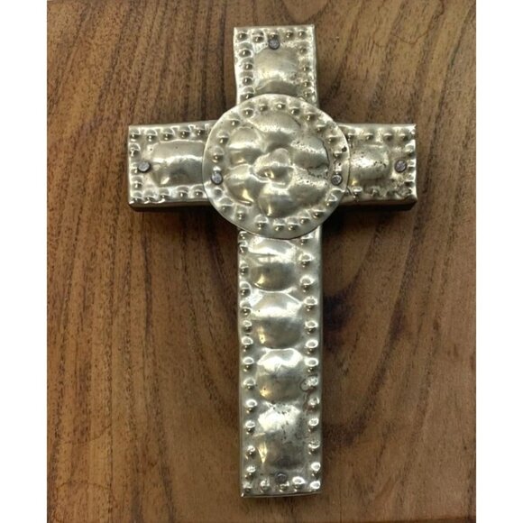 Hammered Silver on Wood Cross Mexican Relief Metal 4"L x 2.5"W x .5"D - Picture 2 of 4